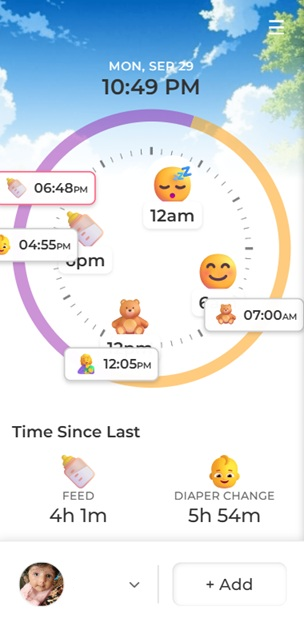Baby tracker Home screenshot with circular activity display and day/night background; name removed